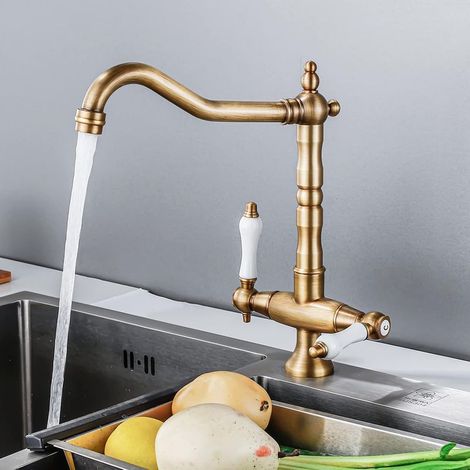 Robinet de cuisine antique pivotant à 360° - Robinet d'évier à deux poignées - Mélangeur nostalgique - Mitigeur haute pression - Bec haut en laiton (1/5)