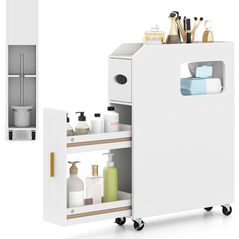 Schmaler Badezimmerschrank mit Schublade und Kosmetiktuchbox, Weiß