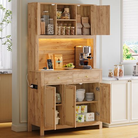 Küchenschrank (100x40x180 cm), mit offenen Regalen, 2 Schubladen, LED Beleuchtung, Steckdose, MDF, Natur (1/5)