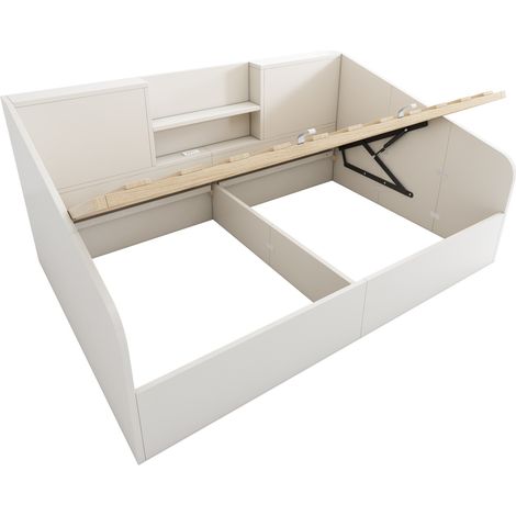 Letto imbottito idraulico 140 x 190 cm bianco con contenitore, porte USB/USB-C e rete a doghe (1/5)