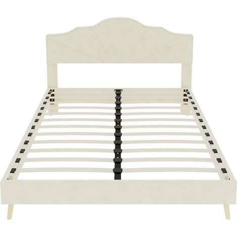 Cama capitoné beige 160 x 200 cm con colchón, estructura baja y cabecero geométrico MODENUIT (1/5)