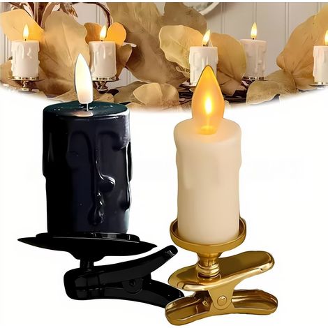 Set aus zwei Weihnachtsbaumkerzen mit Clip, LED-Kerzen, mit abnehmbaren Clips (schwarzer Sockel + goldener Sockel), batteriebetrieben, Valentinstagsgeschenk.