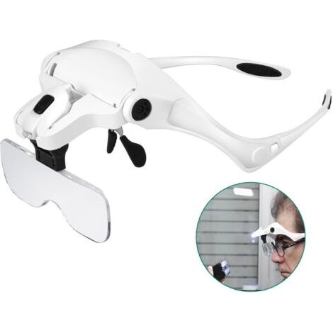 Lunette Loupe avec 2 LED - Loupe Eclairante Loupe Frontale pour Lecture,Tous Les Travaux de Précision,Réparations,Couture,Bijoux,Montres et Artisanat - 5 Lentilles Détachables (1.0X à 3.5X)