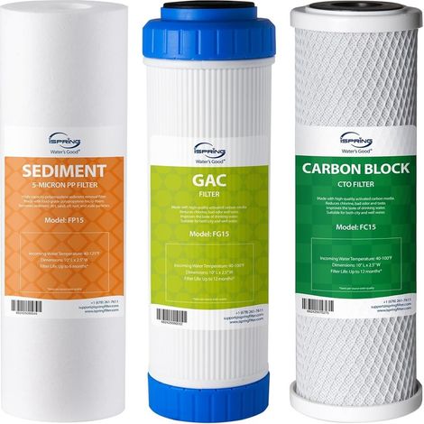 iSpring F3 Set di Cartucce Filtro, 6 Mesi di Sostituzione del Prefiltro, con PP Sediment + Carbone Attivo Granulare + Blocco di Carbone, (1/5)