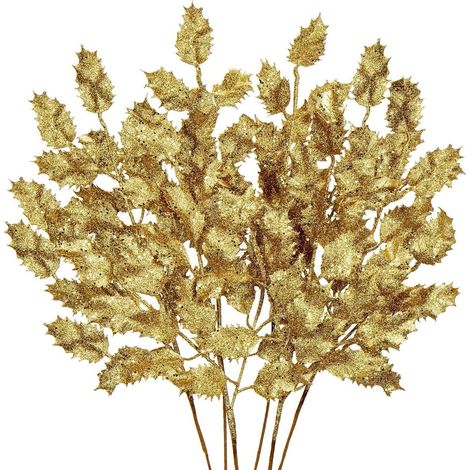 6PCS Kunstzweig Weihnachtsdeko Glitzernde Eichenblätter Zweig 58CM Gold (1/5)