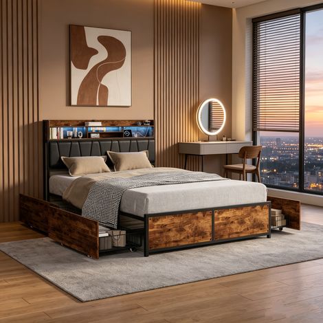 Lit 140x200 avec tiroirs,lit double capitonné,lit adulte,avec sommier à lattes,4 tiroirs,LED,USB,tissu en PU,lit 2 persons,lit 2 places,Noir (1/4)