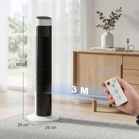 Ventilateur tour silencieux avec télécommande, 3 vitesses, 3 modes, minuterie 7,5 h, oscillation à 70°, blanc et noir (1/5)