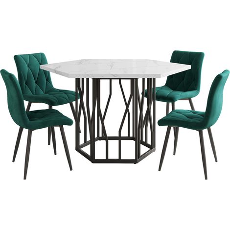 5-teiliges Esszimmer-Set mit sechseckigem Tisch in weißer Marmoroptik und 4 grünen Samtstühlen (1/5)