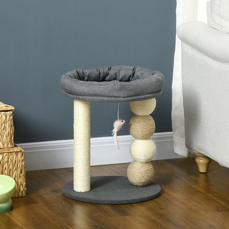 Kleiner Katzenkratzbaum mit Nest, 4 Bällen und Sisalstamm, Tragkraft 15 kg, Ø 40 x 48 cm, Grau und Beige (1/5)
