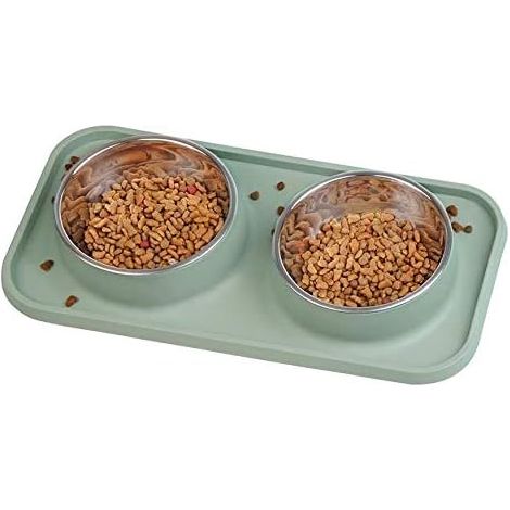 Gamelle double pour chat et chien en acier inoxydable, base antidérapante, tapis en silicone anti-débordement et anti-éclaboussures, 2 x 400 ml (2 x 400 ml, vert) (1/5)