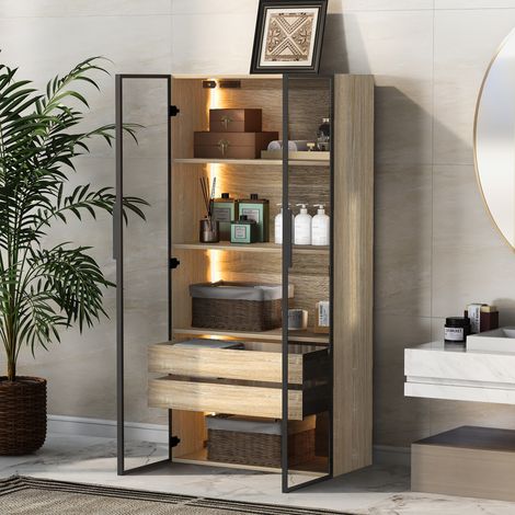 Mobile da bagno medio con fascia luminosa, larghezza 73 cm, con 2 cassetti grandi e 2 ante, anta in vetro (1/5)