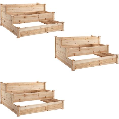 3er-Set hochbeet 3-stufiges Pflanzenbeet Kräuterbeet Blumentreppe für Balkon & Garten aus Natur Tannenholz 124x124x56 cm