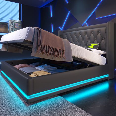 MEUBLIV Lit coffre capitonné 140 x 200 cm noir PU avec tête de lit USB Type C et LED 3 côtés (1/5)
