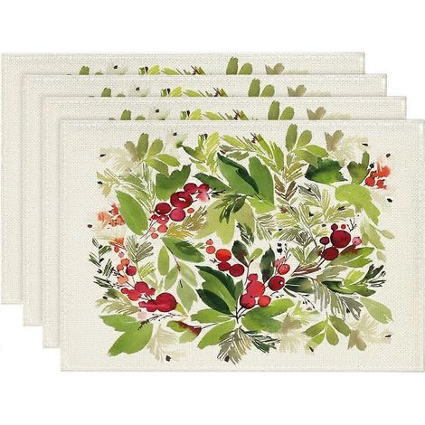 Ensemble de 4 sets de table de Noël à motif de houx aquarelle, 30,48 x 45,72 cm. Chemin de table saisonnier pour les fêtes d'hiver, la cuisine et la salle à manger. (1/5)