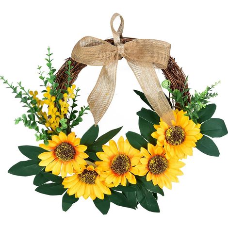 Couronne De Tournesol Artificiel - 35 Cm - Avec Nœud En Lin Et Feuilles Vertes - Décoration Porte D'Entrée Mariage Intérieur Extérieur (1/5)