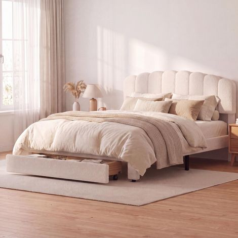 Lit double 140x200 cm avec tiroir de rangement et ports usb type-c,sommier à lattes - tête de lit réglable en velours teddy cocooning - beige