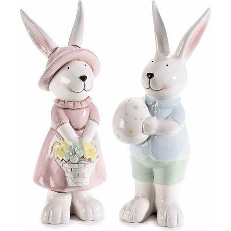 Coniglietti pasquali in coppia in ceramica lucida colorata da appoggiare, set da 2 pezzi, cm 10,5 x 10,5 x 28 H