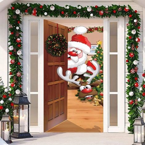 Weihnachtlicher Türüberwurf, Türbanner, Weihnachtsmann und Rentier, 90 x 200 cm, Weihnachtsbanner, Türdekoration, Banner (1/5)