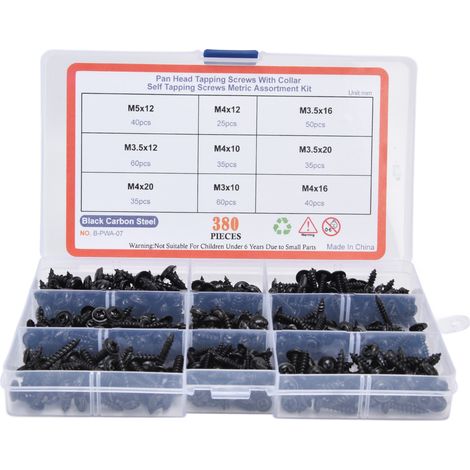 380 pièces vis autotaraudeuses noires en acier au carbone, tête ronde, assortiment de vis autoforeuses (1/5)