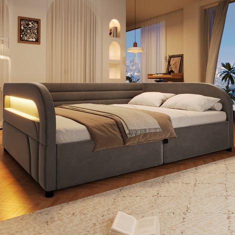Lit coffre 140x200 cm en tissu peluche gris, avec rangement chambre, sans matelas FloraGrace (1/5)