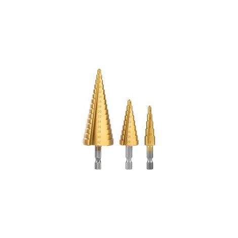 Foret conique à étages en acier, 3 pièces (4–12 mm / 4–20 mm / 4–32 mm), revêtement titane, queue hexagonale, pour acier au carbone, tôle métallique, panneaux isolants, PVC et bois