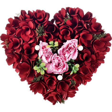 Ghirlande di legno con rose bordeaux e rosa stoffa a forma di cuore ideali per vetrine e allestimenti di San Valentino, set da 2 pezzi, cm 32 x 28 H