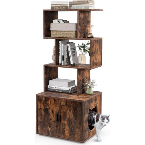 GOPLUS Arbre a Chat Bibliothèque en Forme S avec Meuble Litière Chat, Maison pour Chat avec 2 Portes et Entrée, Porte à Fermeture Magnétique, Dispositif Anti-basculement, Style Industriel (1/5)