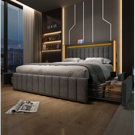 lit adulte double rangement LED 160x200 tissu gris OKMYHOME (1/5)