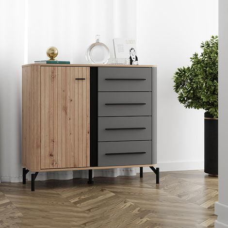 Credenza Carmel, Madia 2 Ripiani, 4 Cassetti, Un'anta, 103x40x94h cm Marrone Rovere Nodi (1/5)