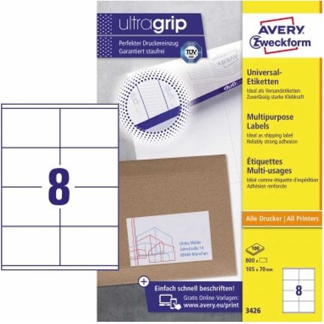 Universaletikett ultragrip 105 x 70 mm (B x H) nicht wieder ablösbar Papier weiß 800 Etik./Pack. (1/5)