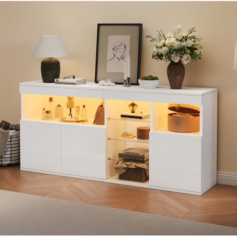 Buffet de salon 155,5x35x72 cm avec 3 portes, étagère ouverte et LED, blanc (1/5)
