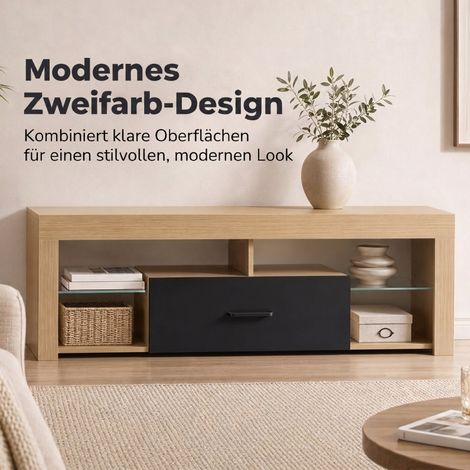 Niedriges TV-Möbel 140x40x45 cm aus Holzwerkstoff Eiche, offene Ablage – MEUBLIV (1/5)