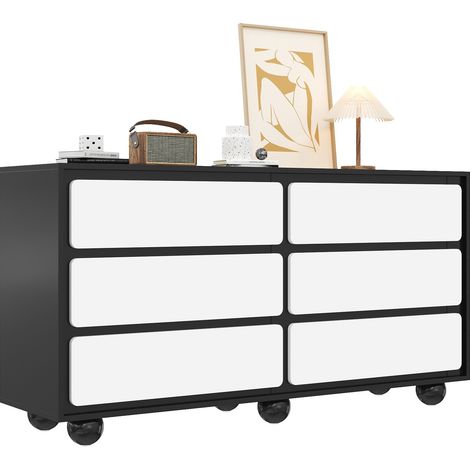 Commode 6 tiroirs noir et blanc 140 x 38 x 74,5 cm, meuble de rangement moderne avec bords arrondis, pieds en métal et patins de protection CHICFURN (1/5)