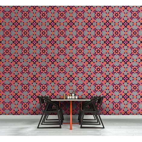 Papier peint panoramique rose néon & gris original | Tapisserie panoramique motif fleur graphique | Papier peint panoramique salon & couloir - 270 x 400 cm (4 pièces) (1/5)