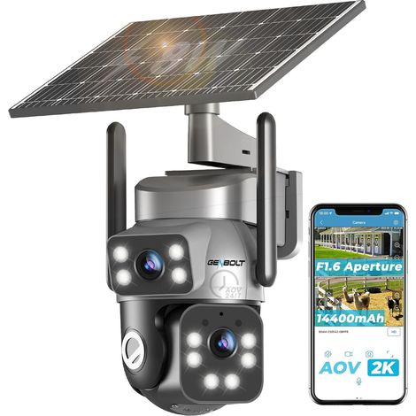 2K 4G Solaire Caméra De Surveillance Extérieur sans Fil, AOV Enregistrement 24/7 3MP+3MP IP SIM Caméra Surveillance Batterie avec détection IA, 8W 14400mAh Caméra CCTV (1/5)