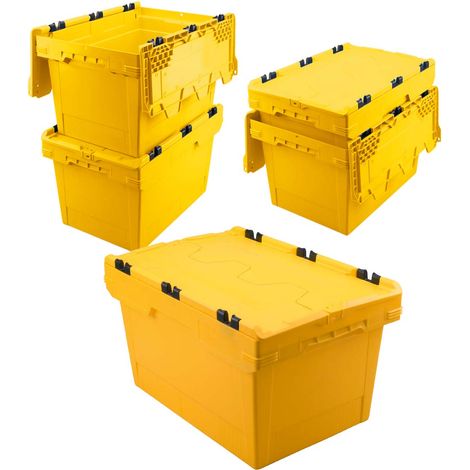 BRB Lot de 5 boîtes réutilisables avec couvercle à charnière, jaune, scellables, L x l x H 600 x 400 x 350 mm, 58 l