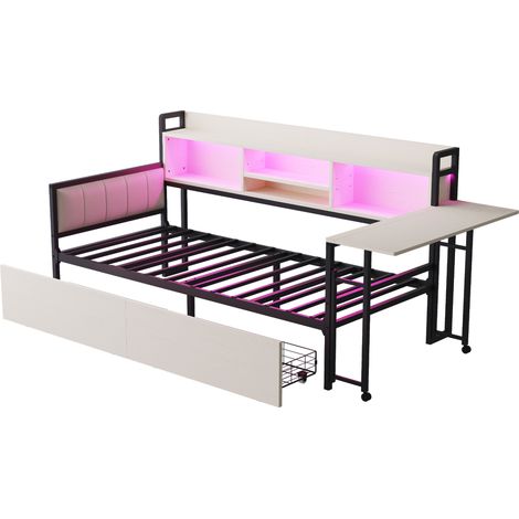 Cama diván 90x200 cm de metal blanco con LED, cajones, escritorio plegable y toma multifunción (1/5)