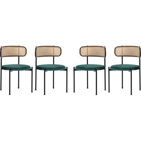 Set de 4 sillas de comedor de terciopelo con respaldo de ratán y patas metálicas verdes MODENUIT (1/5)
