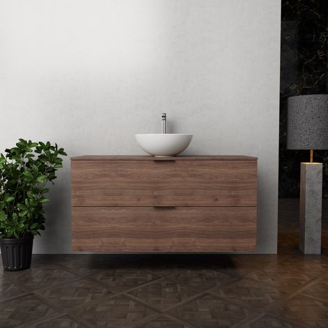 Inda - Badezimmerschrank B.120 mit Aufsatzwaschbecken / Braune Eiche 2 Schubladen - Topazio