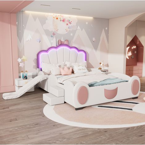 Letto per bambini in PU e MDF rosa e bianco 140x200 cm con LED multicolore, scivolo e scaletta (1/4)