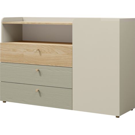 Commode Domcali 107, Gris + Chêne, Tiroirs et portes, Nombre de tiroirs: 3, 93x140x40cm (1/4)