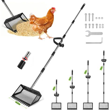 Pelle à fiente de Poule 25,5 cm Ramasse-crottes pour Animaux de Compagnie 4 en 1 Tamis en métal réglable avec poignée Ergonomique (89–190 cm) pour Le Nettoyage du poulailler et volailles (1/5)