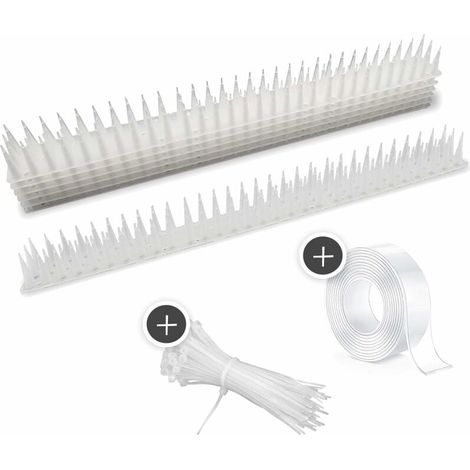 Púas antipalomas GABRIELLE – Más de 5 m – Repelente de aves con púas extra altas para balcones, vallas y tejados – Con cinta adhesiva impermeable y bridas – Paquete de 12 (blanco) (1/5)