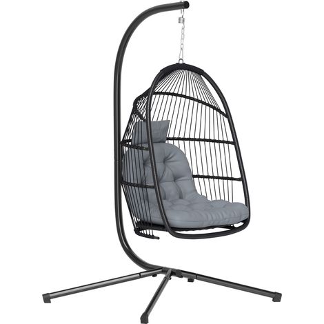 Hängesessel Ei-Form mit Gestell faltbarer Rattan Korb Sitzkissen Kopfkissen Indoor Outdoor bis 150 kg Grau