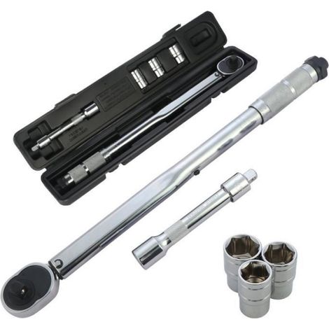 Clé Dynamométrique 1/2" 28-210 Nm - Acier Chrome Vanadium - Pour Réparation Automobile Moto Vélo - 1 Pièce avec 3 Douilles 17 19 21 mm et 1 Rallonge (1/3)