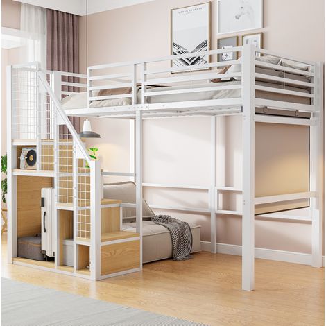 Cama alta de metal blanca 90x200 cm con escalera, barandillas y almacenaje integrado (1/5)