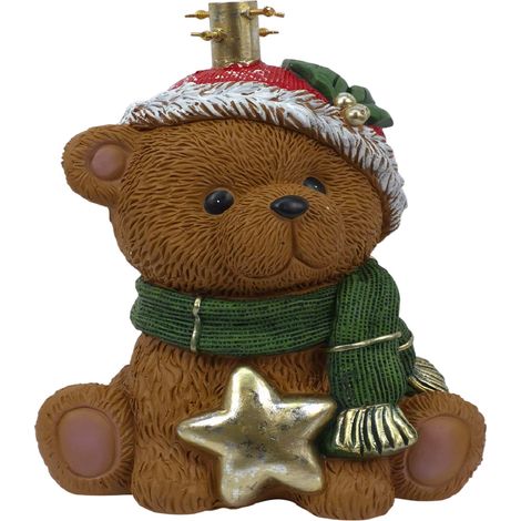 Base per Albero di Natale Forma Orsetto Marrone con Sciarpa verde cappello rosso e Stella Oro H45 Supporto Piede in Poliresina con Tubolare a 4 Viti Portaalbero ORSO POLARE (1/4)