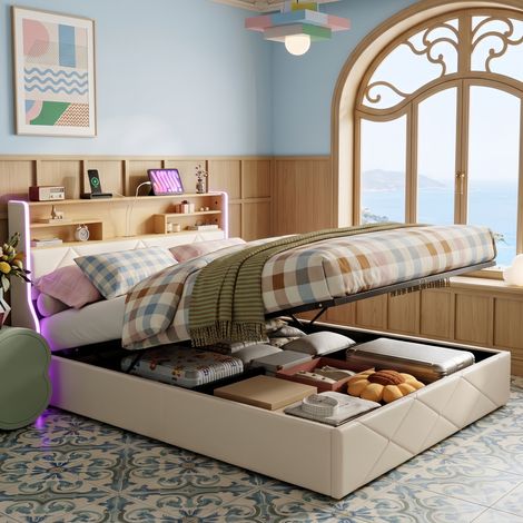 Lit Coffre 140x200 cm Blanc avec LED et USB - Lit Double Adulte Tête de Lit avec Rangement en Similicuir - Scandinave (1/5)