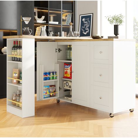 Íslola de cocina MEUBLIV 203x39x106 cm blanco – 360° giratoria, múltiples almacenamientos (1/5)