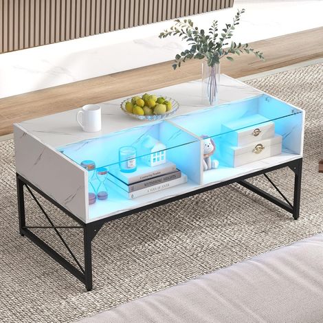 COSTWAY Table Basse Moderne, Table de Salon avec Luminère LED Télécommodée, 4 Compartiments Ouverts, Plateau en Verre Trempé, Design Marbre, Cadre en Métal (Blanc) (1/4)